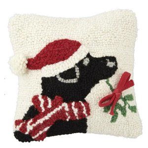 Black Lab Labrador Dog with Wreath Hooked 8" Mini Christmas Pillow Mud Pie